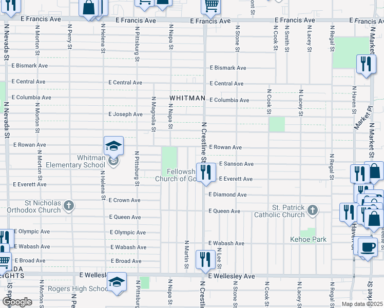 map of restaurants, bars, coffee shops, grocery stores, and more near 5426 North Martin Street in Spokane