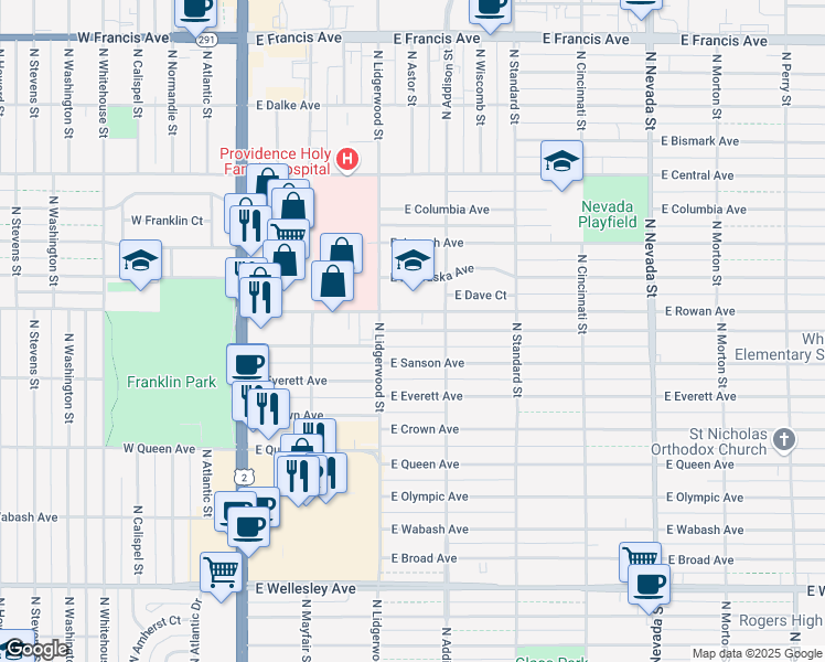 map of restaurants, bars, coffee shops, grocery stores, and more near 318 East Rowan Avenue in Spokane