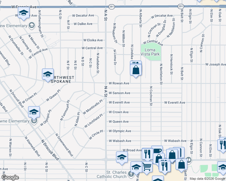 map of restaurants, bars, coffee shops, grocery stores, and more near 2822 West Sanson Avenue in Spokane