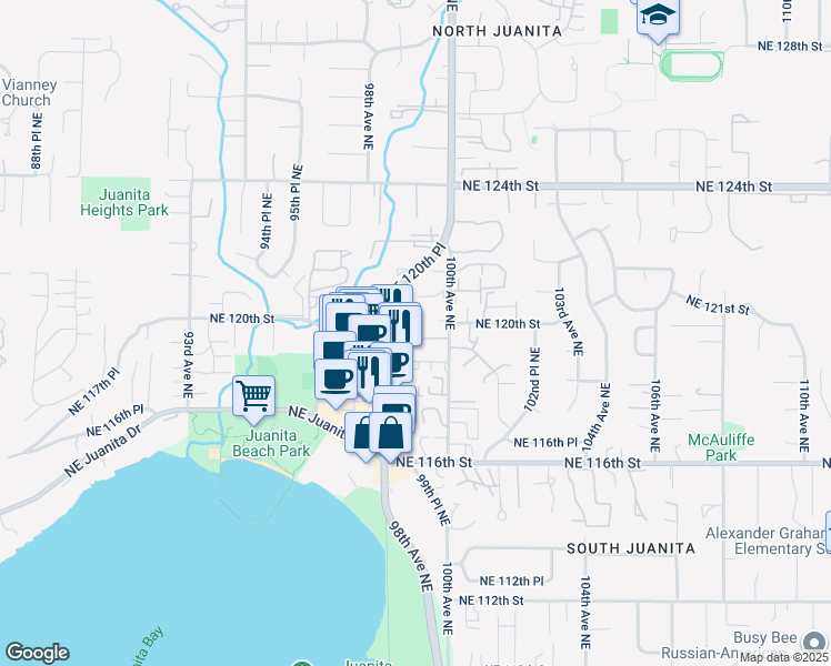 map of restaurants, bars, coffee shops, grocery stores, and more near 9904 Northeast 119th Court in Kirkland