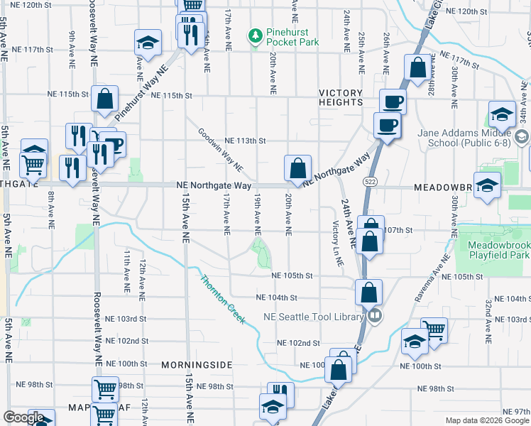 map of restaurants, bars, coffee shops, grocery stores, and more near 10725 20th Avenue Northeast in Seattle