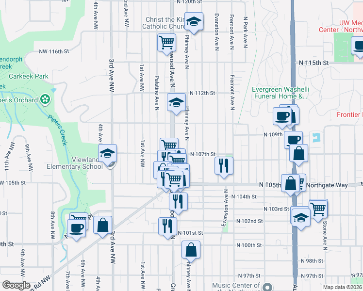 map of restaurants, bars, coffee shops, grocery stores, and more near 10718 Greenwood Avenue North in Seattle