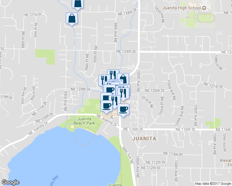 map of restaurants, bars, coffee shops, grocery stores, and more near 9758 Northeast 119th Way in Kirkland