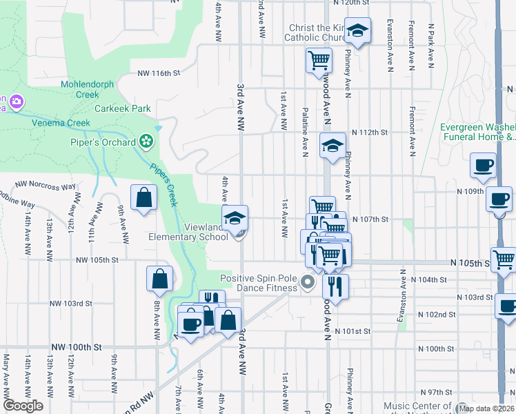 map of restaurants, bars, coffee shops, grocery stores, and more near 10715 2nd Avenue Northwest in Seattle