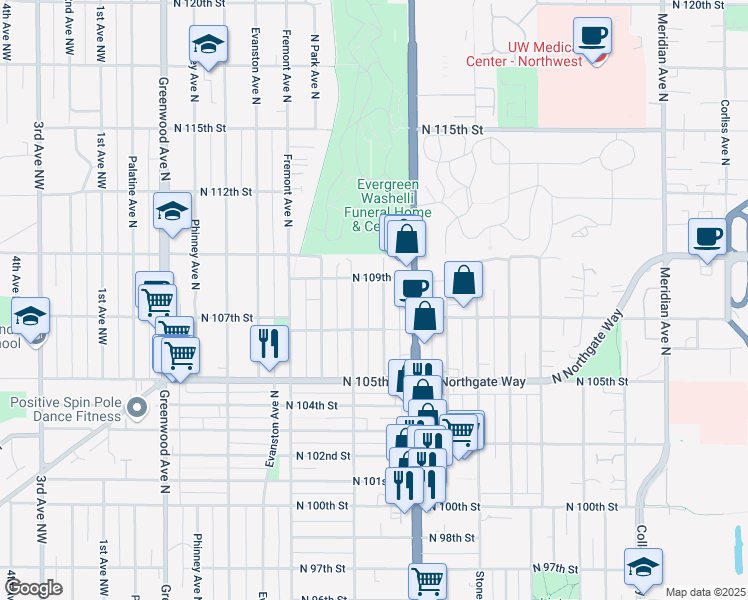 map of restaurants, bars, coffee shops, grocery stores, and more near 10735 Whitman Avenue North in Seattle