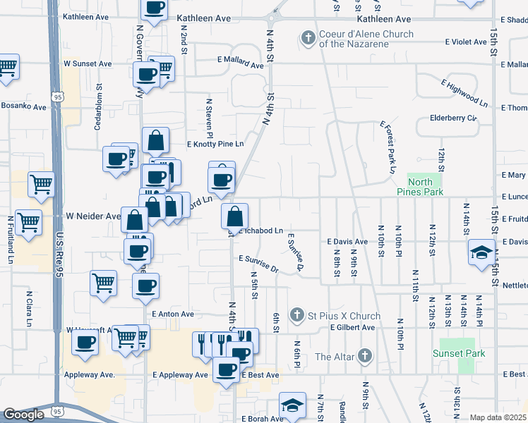 map of restaurants, bars, coffee shops, grocery stores, and more near 3314 North 5th Street in Coeur d'Alene