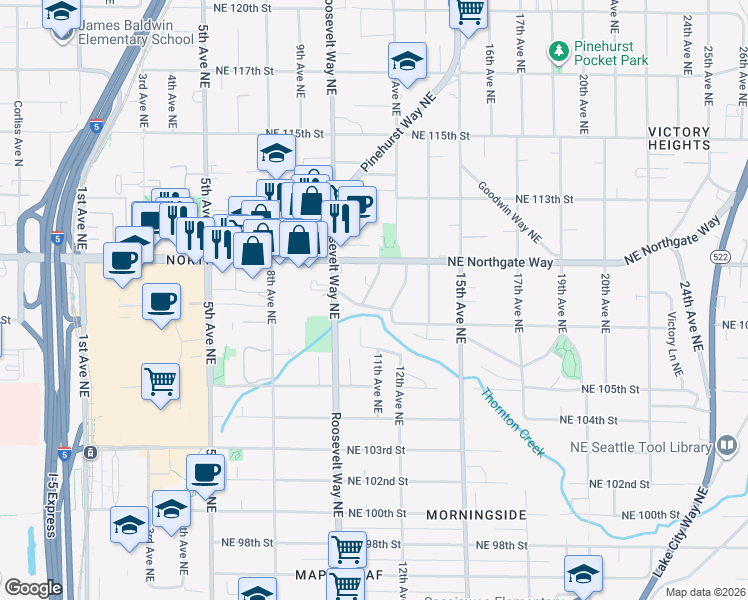 map of restaurants, bars, coffee shops, grocery stores, and more near 10808 11th Ave NE in Seattle