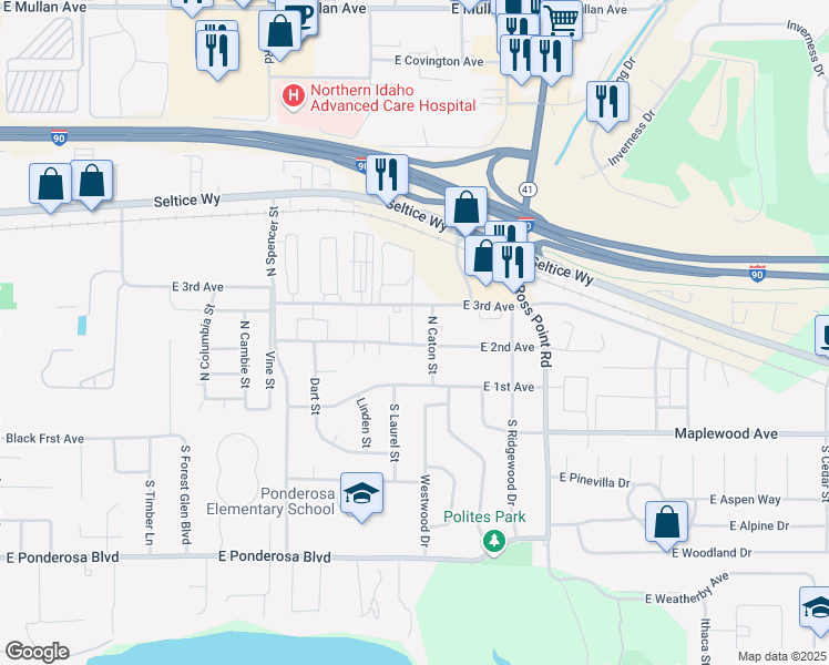 map of restaurants, bars, coffee shops, grocery stores, and more near 3653 East 2nd Avenue in Post Falls