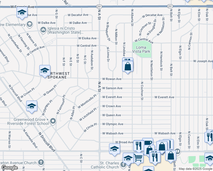map of restaurants, bars, coffee shops, grocery stores, and more near 2822 West Sanson Avenue in Spokane