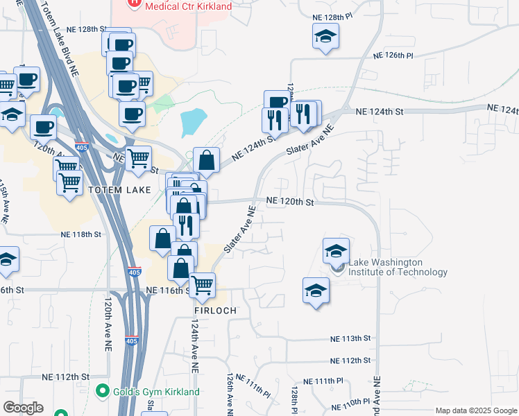 map of restaurants, bars, coffee shops, grocery stores, and more near 11930 Slater Ave NE in Kirkland