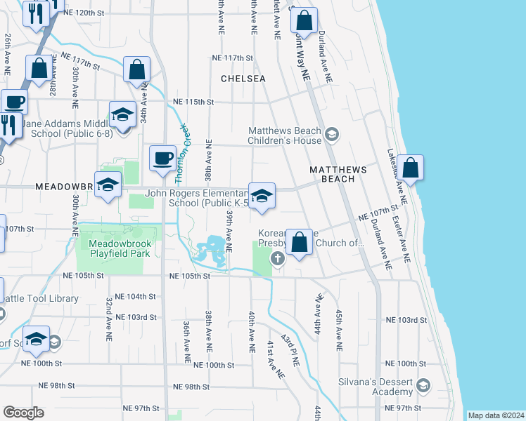 map of restaurants, bars, coffee shops, grocery stores, and more near 4030 Northeast 109th Street in Seattle