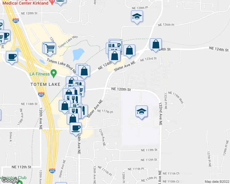 map of restaurants, bars, coffee shops, grocery stores, and more near 12715 Northeast 120th Street in Kirkland