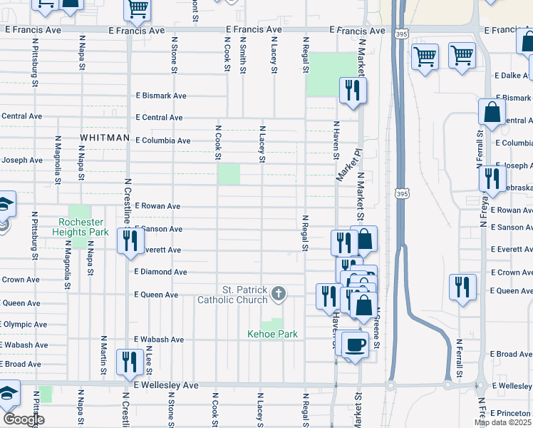 map of restaurants, bars, coffee shops, grocery stores, and more near 2704 East Rowan Avenue in Spokane