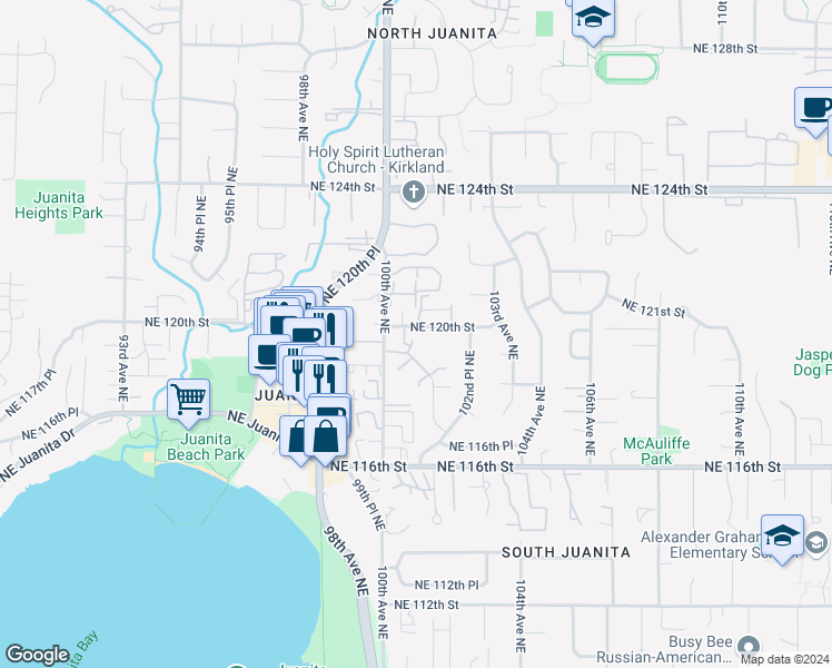 map of restaurants, bars, coffee shops, grocery stores, and more near 10023 Northeast 120th Street in Kirkland