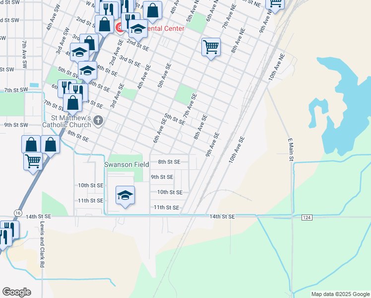 map of restaurants, bars, coffee shops, grocery stores, and more near 712 6th St SE in Sidney