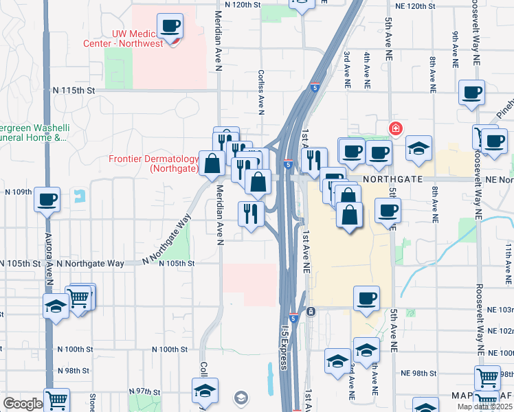 map of restaurants, bars, coffee shops, grocery stores, and more near 2150 North 107th Street in Seattle