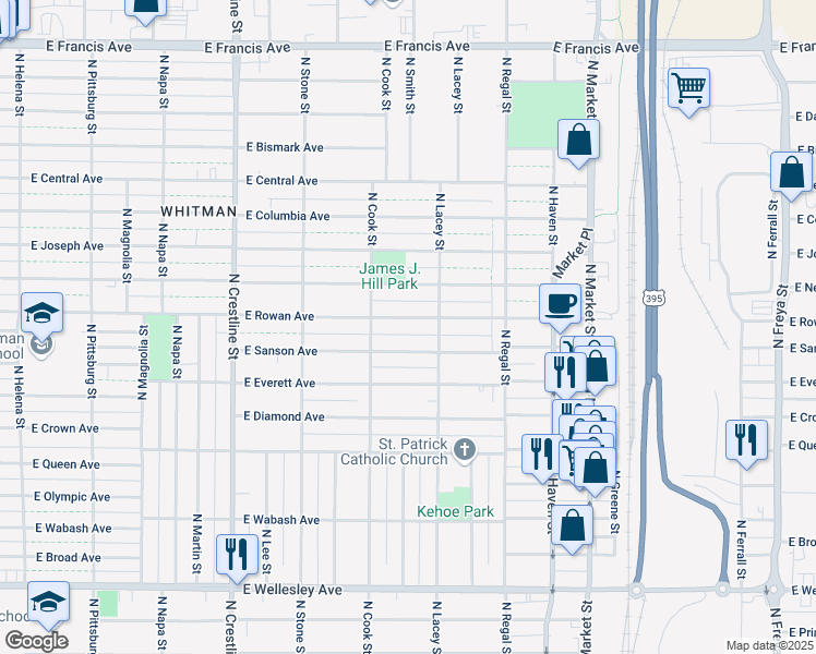 map of restaurants, bars, coffee shops, grocery stores, and more near 2602 East Rowan Avenue in Spokane