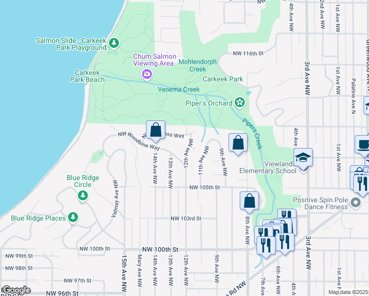 map of restaurants, bars, coffee shops, grocery stores, and more near 10729 12th Avenue Northwest in Seattle