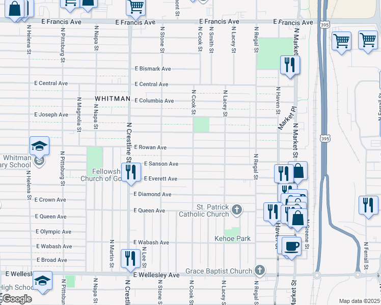 map of restaurants, bars, coffee shops, grocery stores, and more near 5417 North Cook Street in Spokane