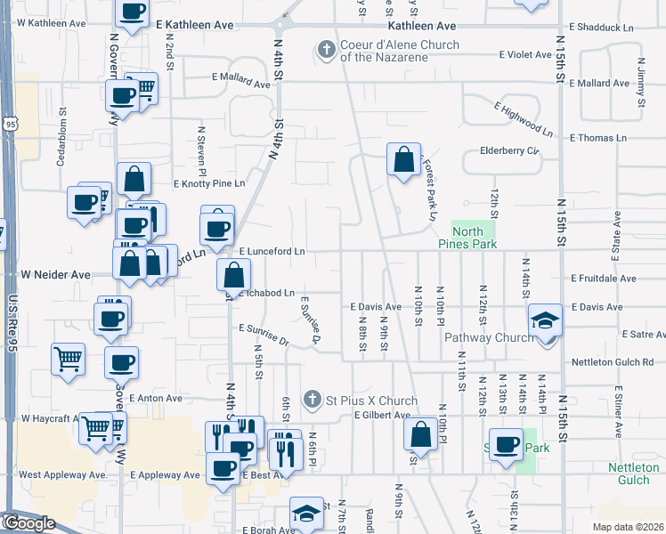 map of restaurants, bars, coffee shops, grocery stores, and more near 3314 North 6th Place in Coeur d'Alene