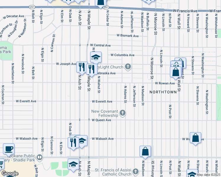 map of restaurants, bars, coffee shops, grocery stores, and more near 5412 N Cedar St in Spokane