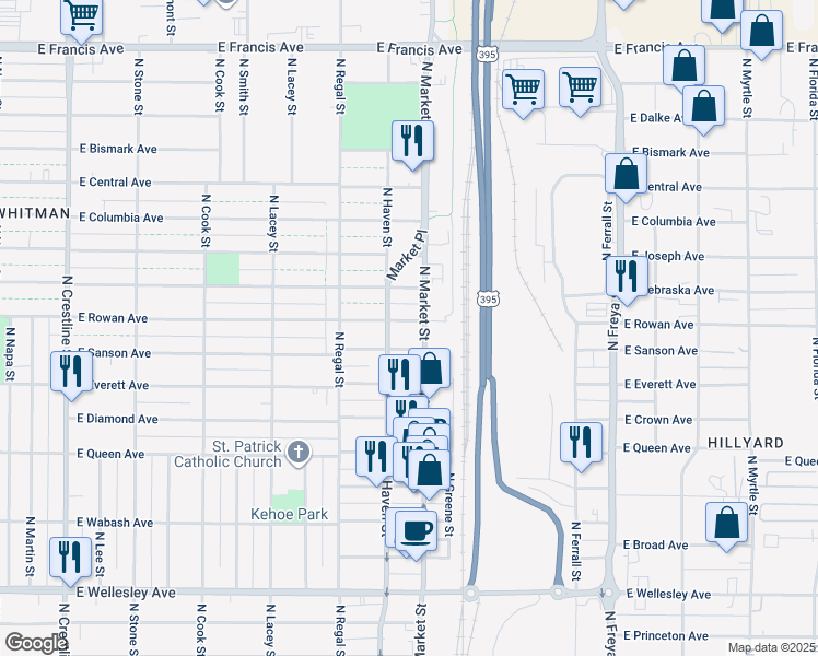 map of restaurants, bars, coffee shops, grocery stores, and more near 3002 East Rowan Avenue in Spokane