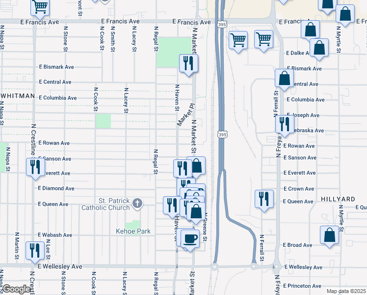 map of restaurants, bars, coffee shops, grocery stores, and more near 3002 East Rowan Avenue in Spokane
