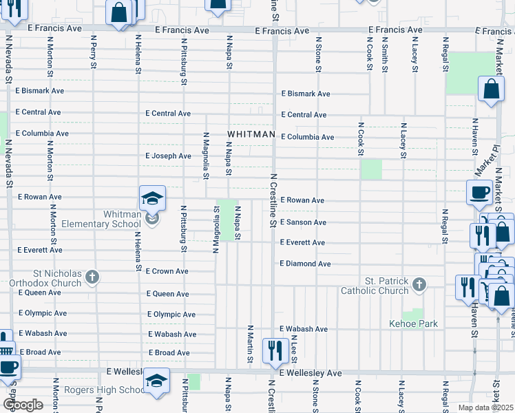 map of restaurants, bars, coffee shops, grocery stores, and more near 5426 North Martin Street in Spokane