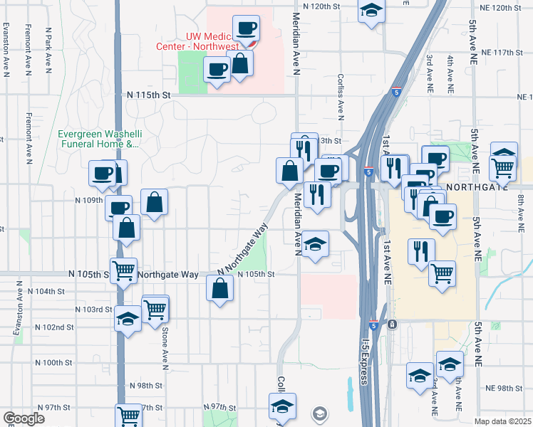 map of restaurants, bars, coffee shops, grocery stores, and more near 1811 North Northgate Way in Seattle