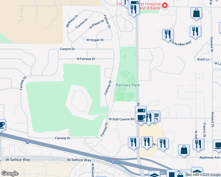 map of restaurants, bars, coffee shops, grocery stores, and more near 4536 W Fairway Dr in Coeur d'Alene