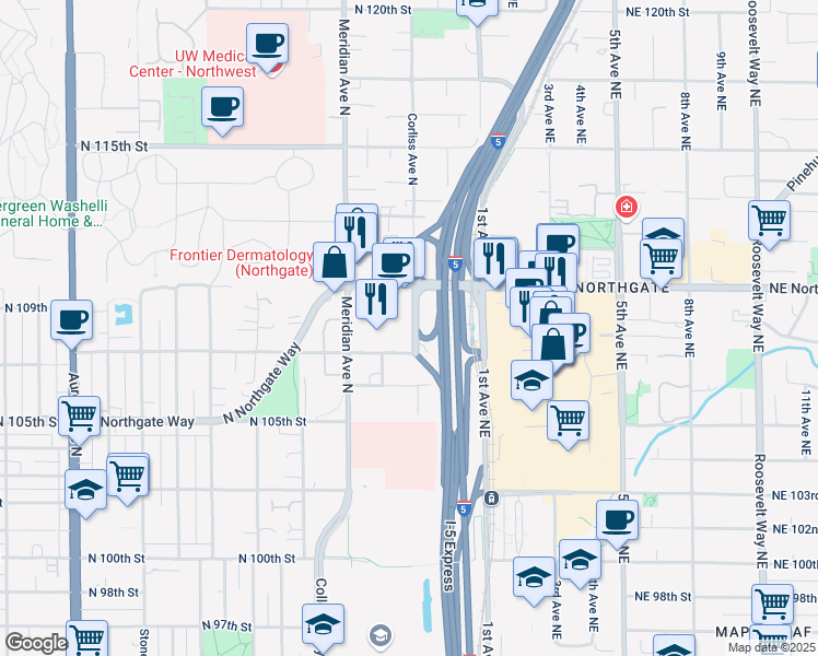 map of restaurants, bars, coffee shops, grocery stores, and more near 2150 North 107th Street in Seattle