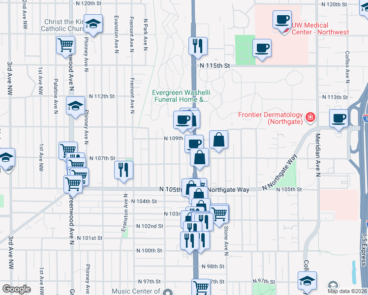 map of restaurants, bars, coffee shops, grocery stores, and more near 10730 Whitman Avenue North in Seattle