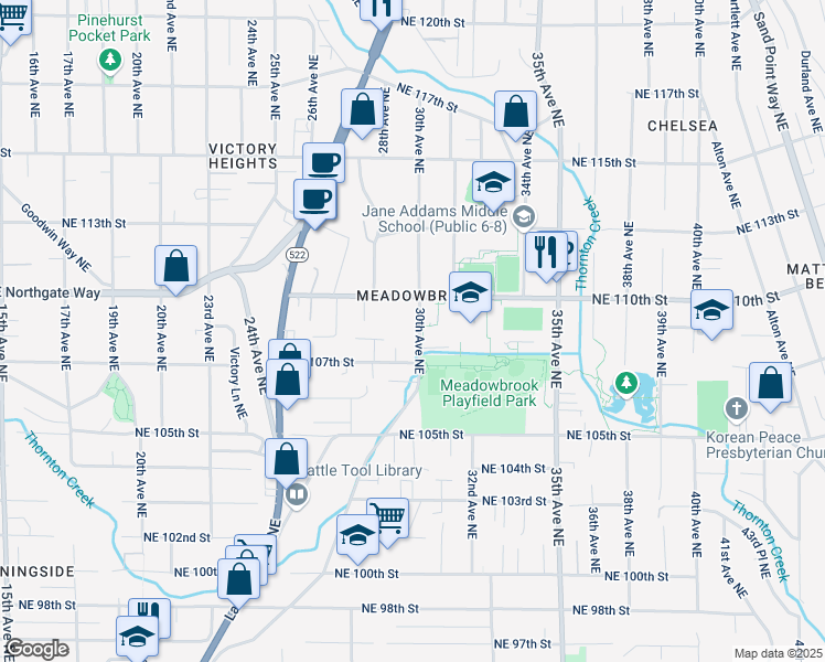 map of restaurants, bars, coffee shops, grocery stores, and more near 10725 30th Avenue Northeast in Seattle