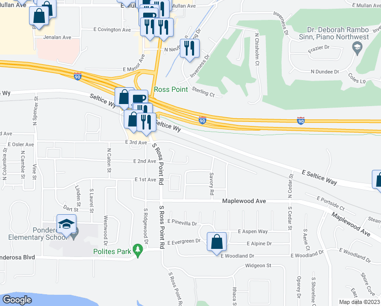 map of restaurants, bars, coffee shops, grocery stores, and more near 4210 East 2nd Avenue in Post Falls
