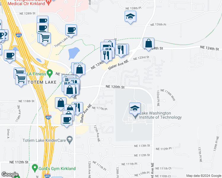 map of restaurants, bars, coffee shops, grocery stores, and more near 12715 Northeast 120th Street in Kirkland