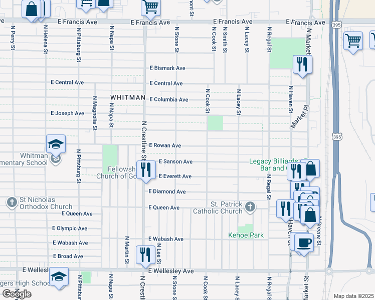 map of restaurants, bars, coffee shops, grocery stores, and more near 2324 East Rowan Avenue in Spokane