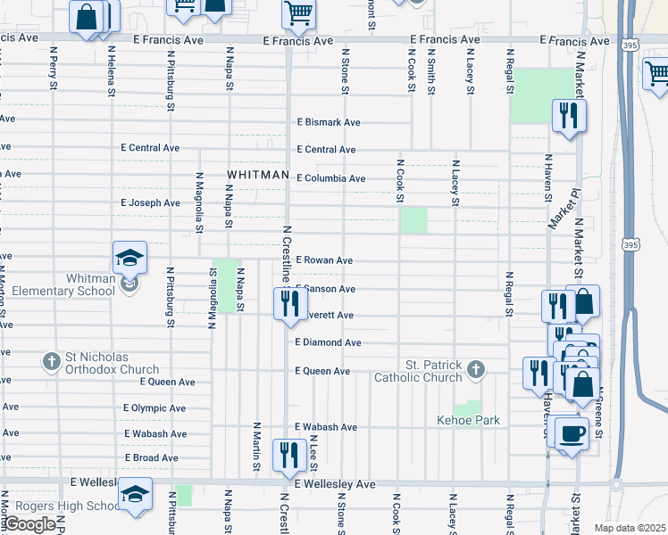 map of restaurants, bars, coffee shops, grocery stores, and more near 2224 East Rowan Avenue in Spokane
