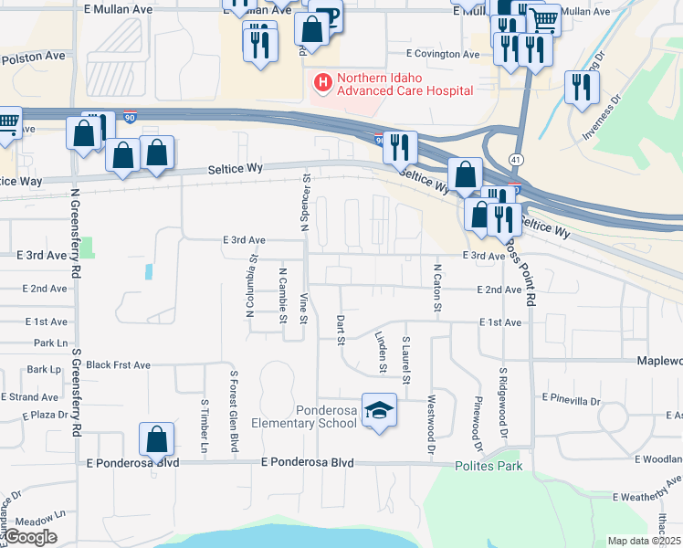 map of restaurants, bars, coffee shops, grocery stores, and more near 3321 East Park Ridge Loop in Post Falls