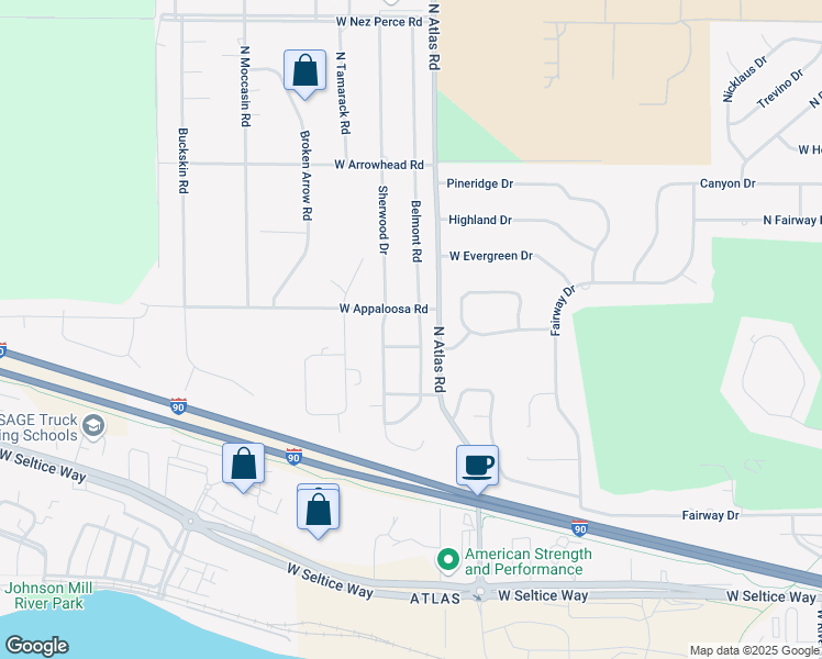 map of restaurants, bars, coffee shops, grocery stores, and more near 3341 Belmont Road in Coeur d'Alene