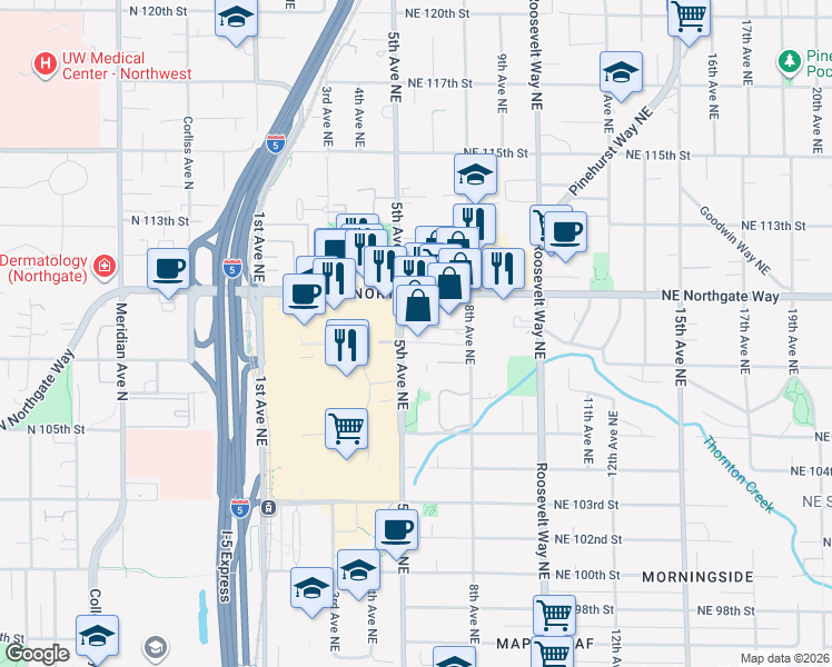 map of restaurants, bars, coffee shops, grocery stores, and more near 10720 5th Avenue Northeast in Seattle