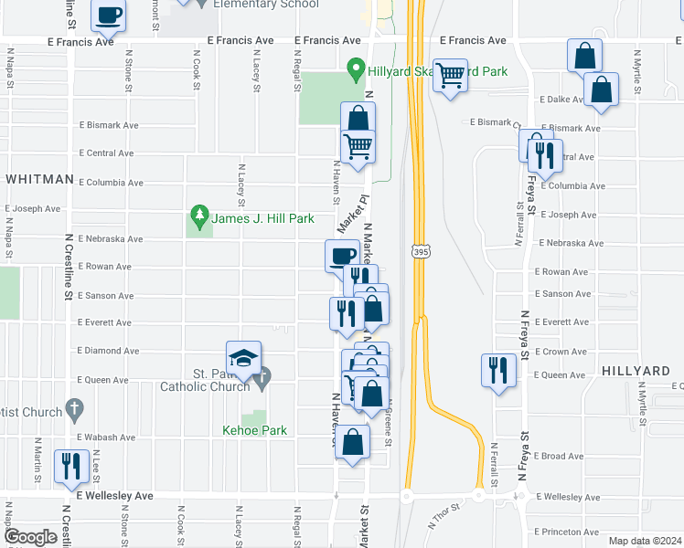 map of restaurants, bars, coffee shops, grocery stores, and more near 3002 East Rowan Avenue in Spokane