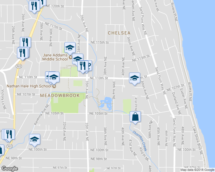 map of restaurants, bars, coffee shops, grocery stores, and more near 10734 38th Avenue Northeast in Seattle