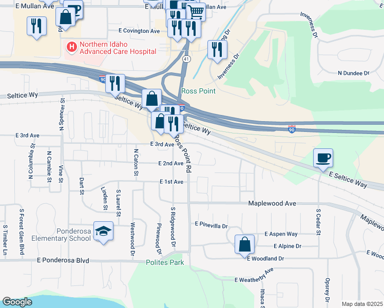 map of restaurants, bars, coffee shops, grocery stores, and more near 211 Lava Lane in Post Falls