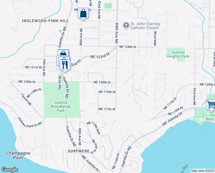 map of restaurants, bars, coffee shops, grocery stores, and more near 11932 82nd Place Northeast in Kirkland
