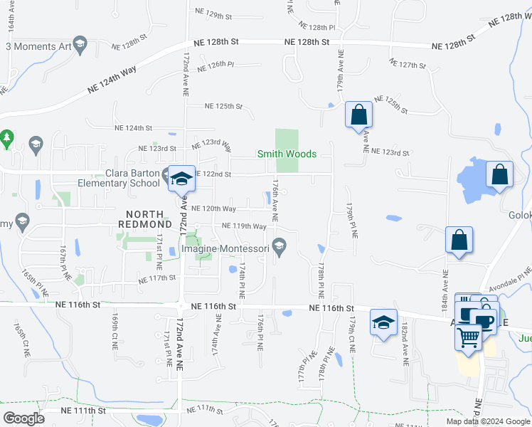 map of restaurants, bars, coffee shops, grocery stores, and more near 17527 Northeast 120th Way in Redmond