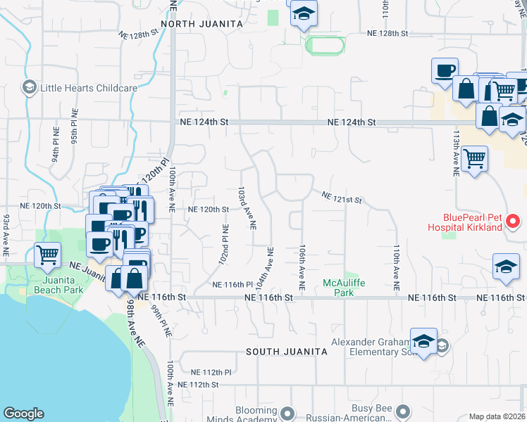 map of restaurants, bars, coffee shops, grocery stores, and more near 11849 104th Avenue Northeast in Kirkland