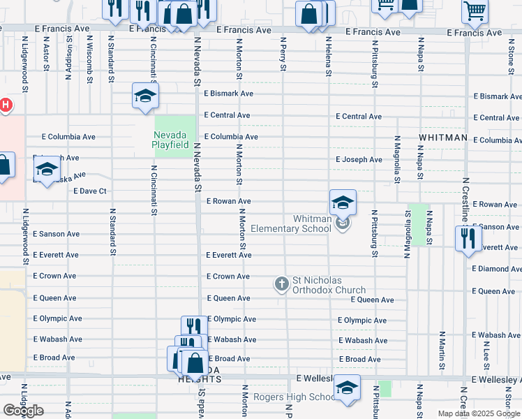 map of restaurants, bars, coffee shops, grocery stores, and more near 1226 East Rowan Avenue in Spokane