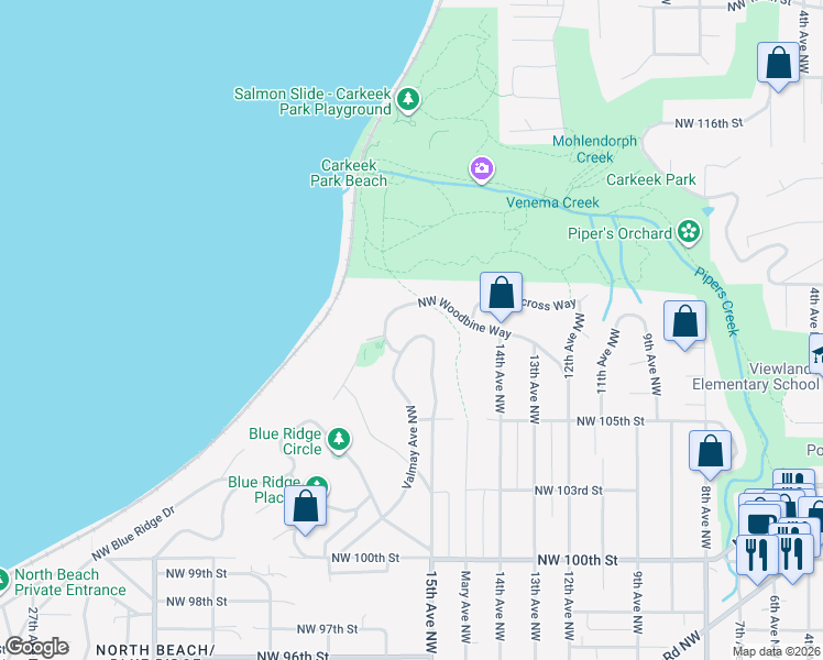 map of restaurants, bars, coffee shops, grocery stores, and more near 10821 Valmay Avenue Northwest in Seattle