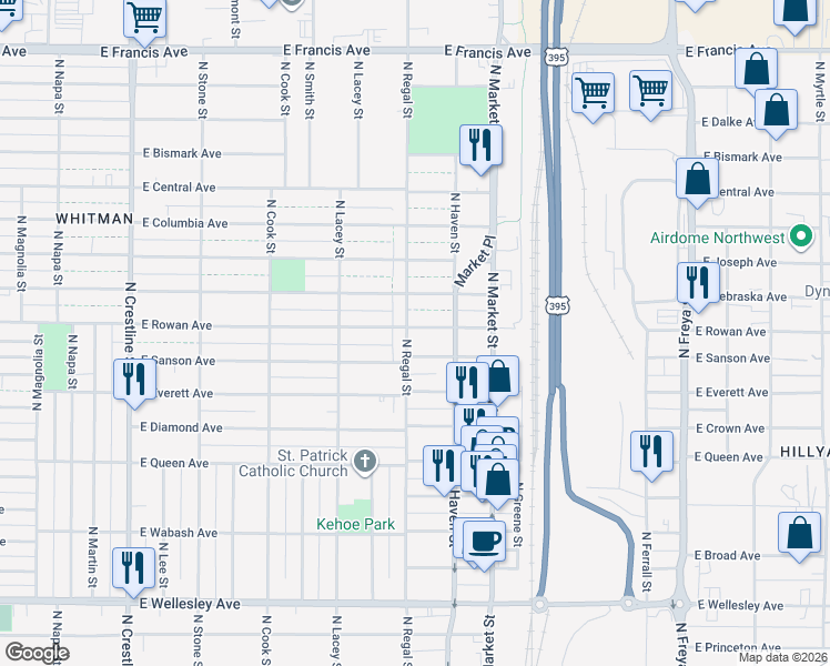 map of restaurants, bars, coffee shops, grocery stores, and more near 2914 East Rowan Avenue in Spokane