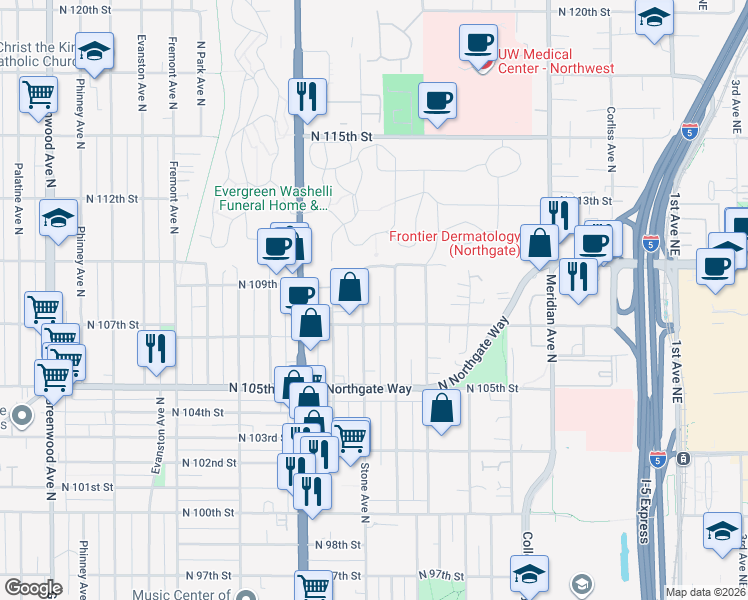 map of restaurants, bars, coffee shops, grocery stores, and more near 10722 Stone Avenue North in Seattle